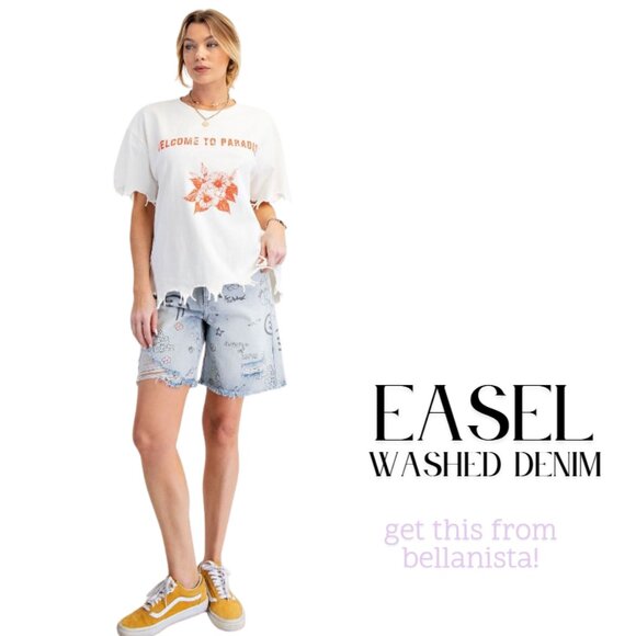 Easel Washed Denim Jean Shorts with Floral Print - Picture 2 of 5